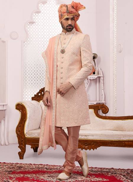 Peach Wedding Wear Embroidery Work Sherwani Groom Latest Collection 9010